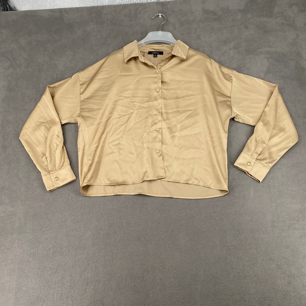 Ambiance Womens Champagne Gold Satin Button Down Shirt Size M 74832
